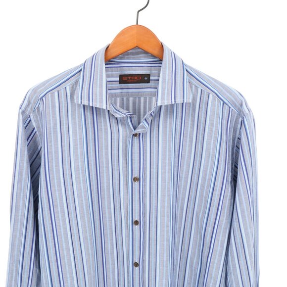 Etro Blue Striped Button Front Long Sleeve Men's Shirt 44 - Picture 2 of 5